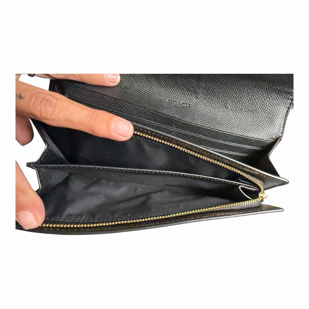 Coach Slim Black Crossgrain Leather Envelope Clutch Wallet Gold Logo - Picture 7 of 11